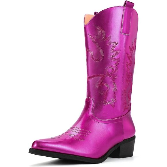 Women Hot Pink Manmade Material Mid Calf Embroidered Low Heel Pointed Toe Boots - Picture 1 of 6